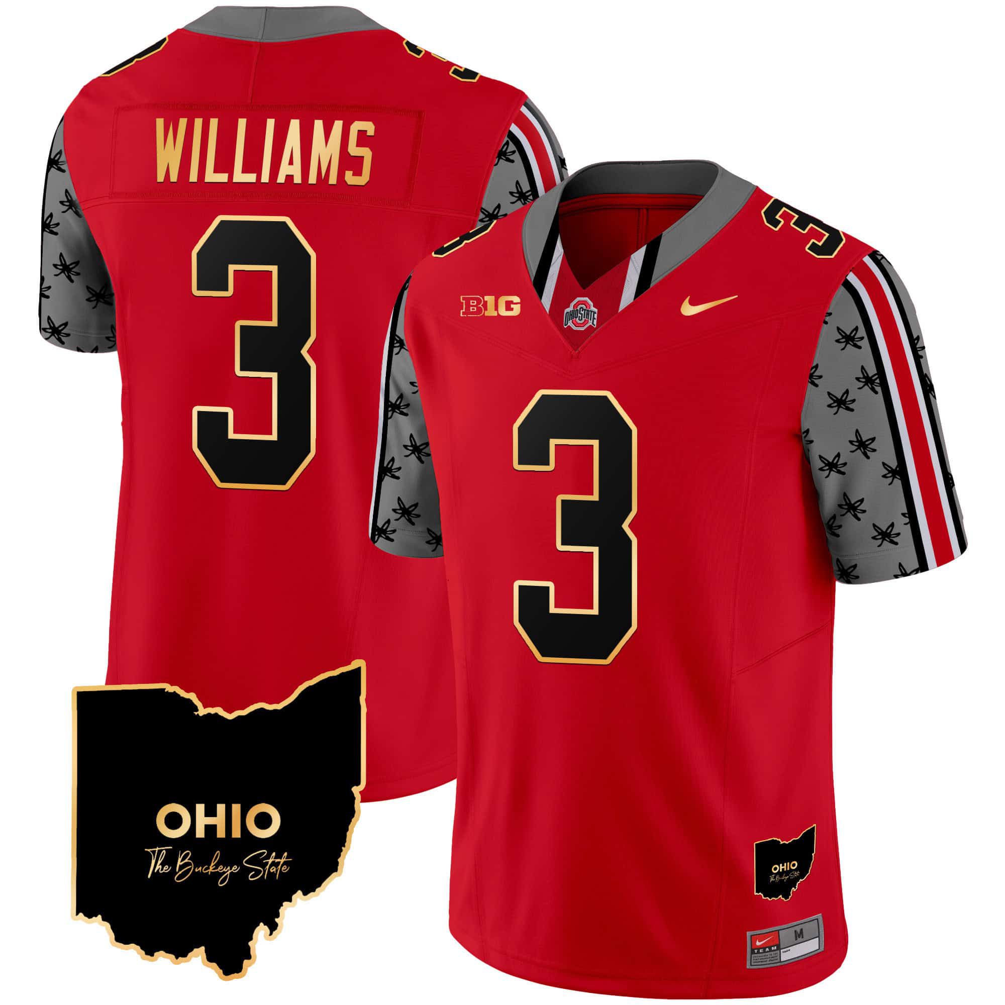 Men Ohio State Buckeyes #3 Williams Red 2024 Nike Home Patch Gold Trim Vapor Limited NCAA Jersey